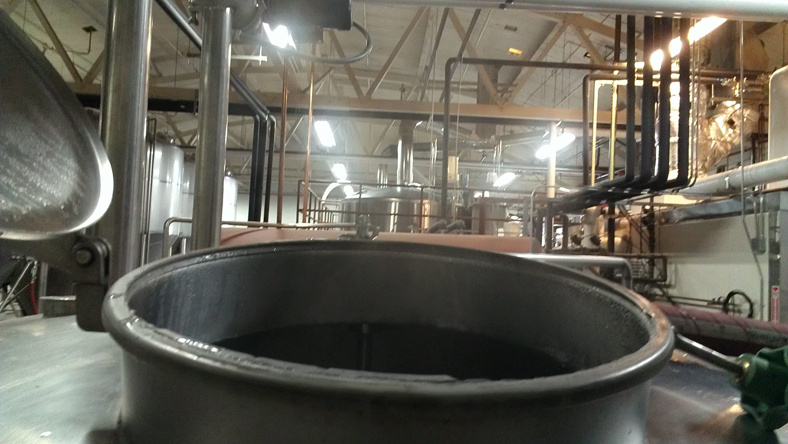 Looking over the mash tun manway at the 65BBL big system.