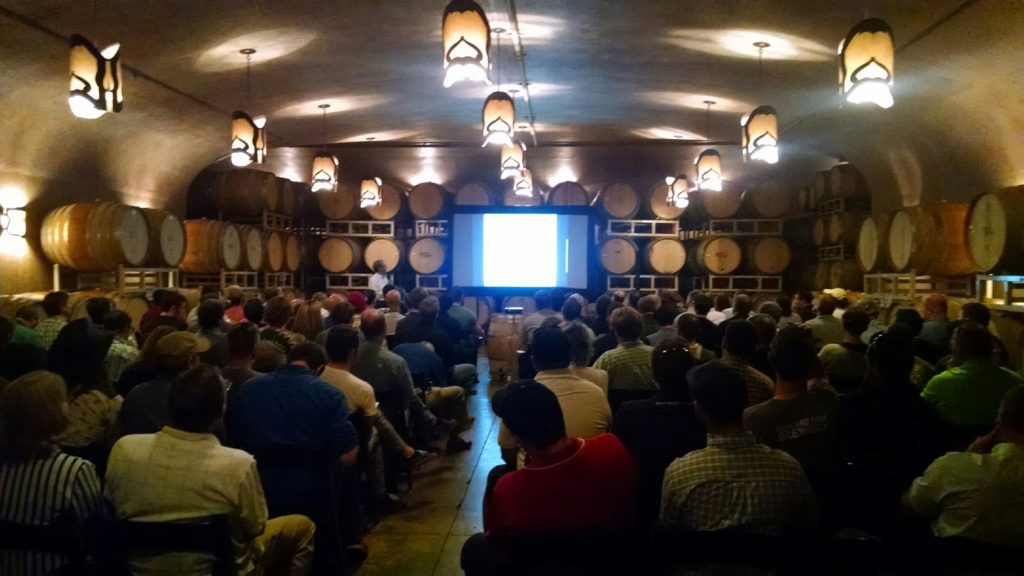 packed into the wine cave  at Robert Hall Winery