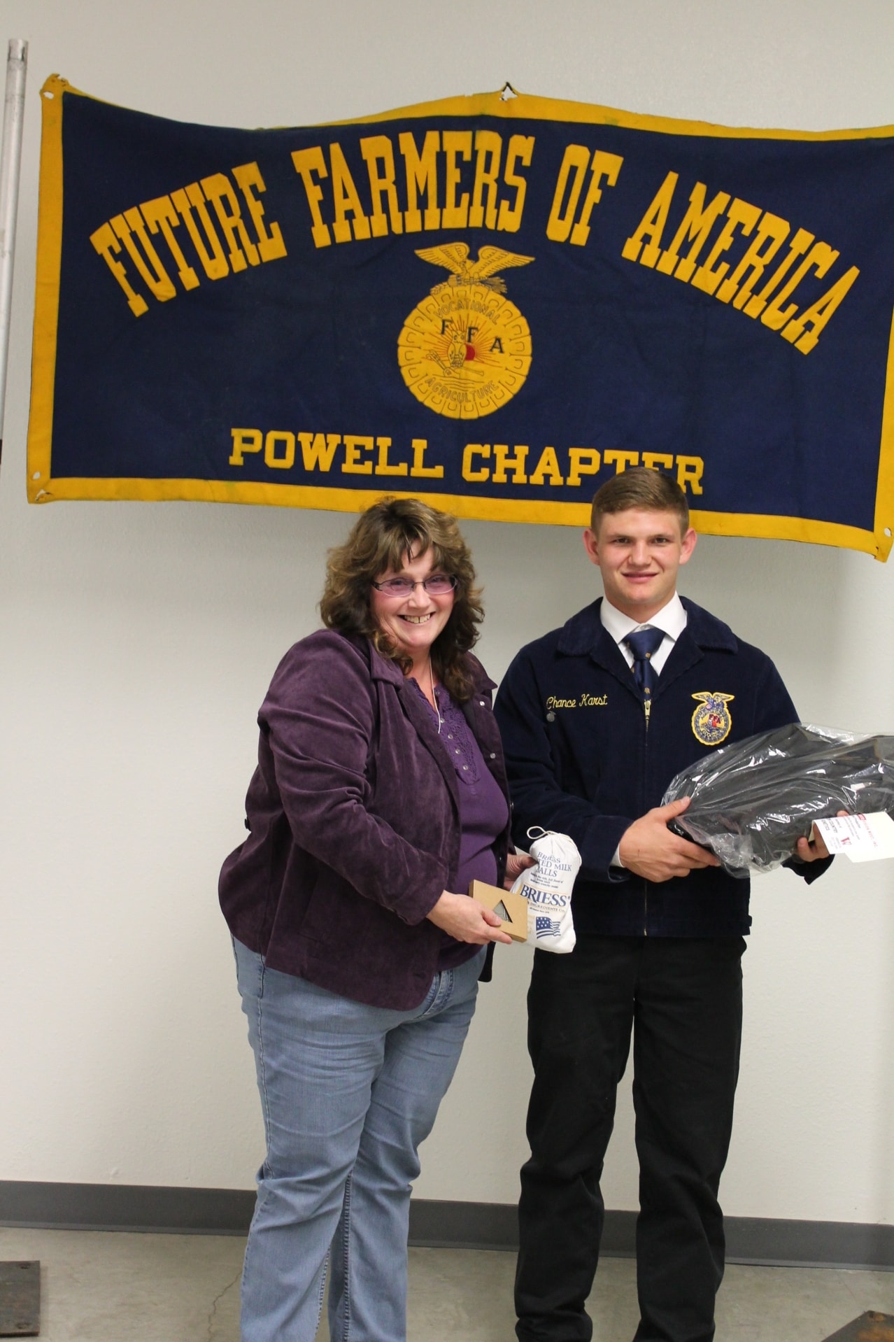 Judy was ecstatic to present the FFA Award and Briess Gifts to Chance. 