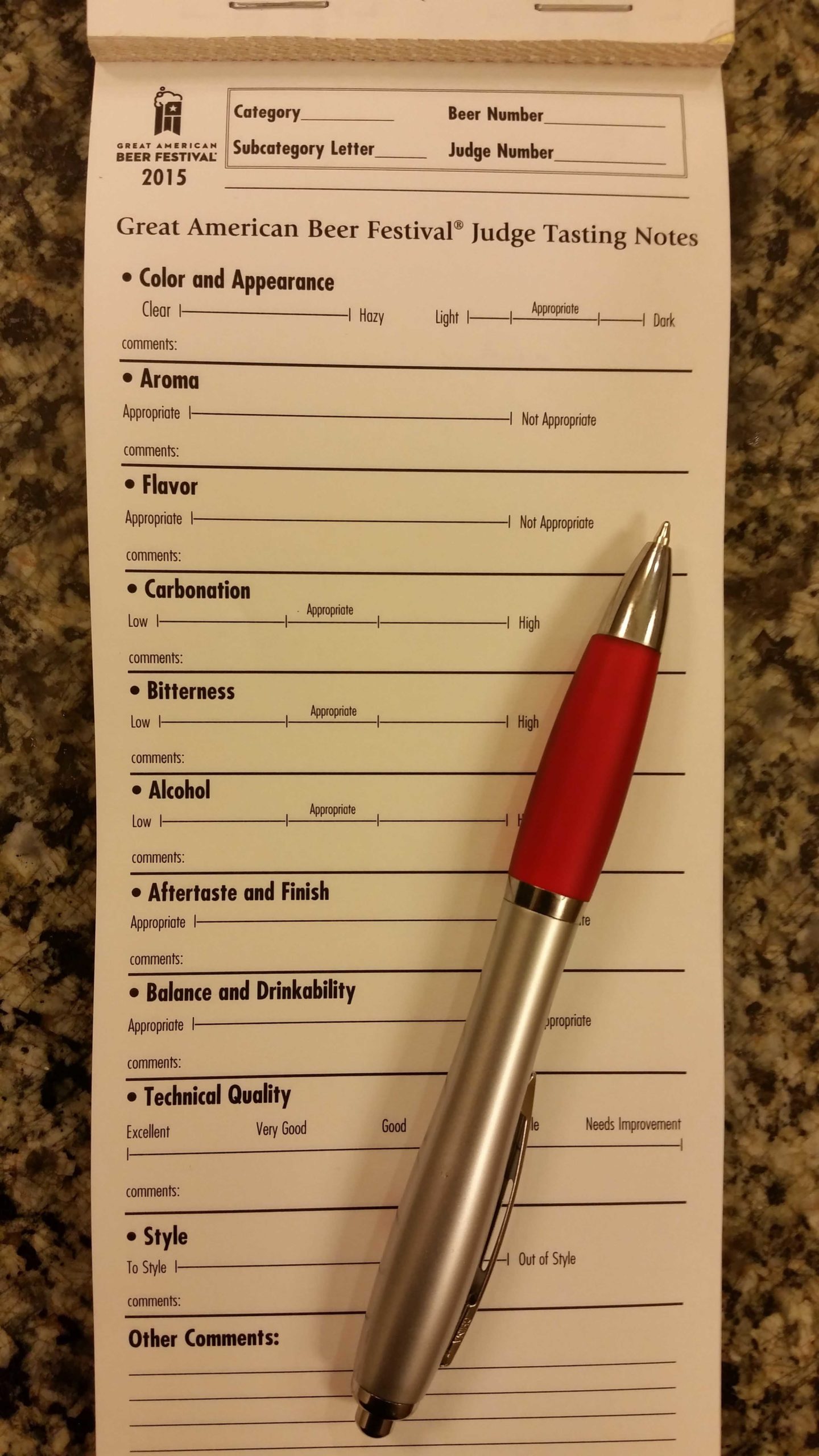 Judge's Score Card which looks at ten categories when judging each beer.